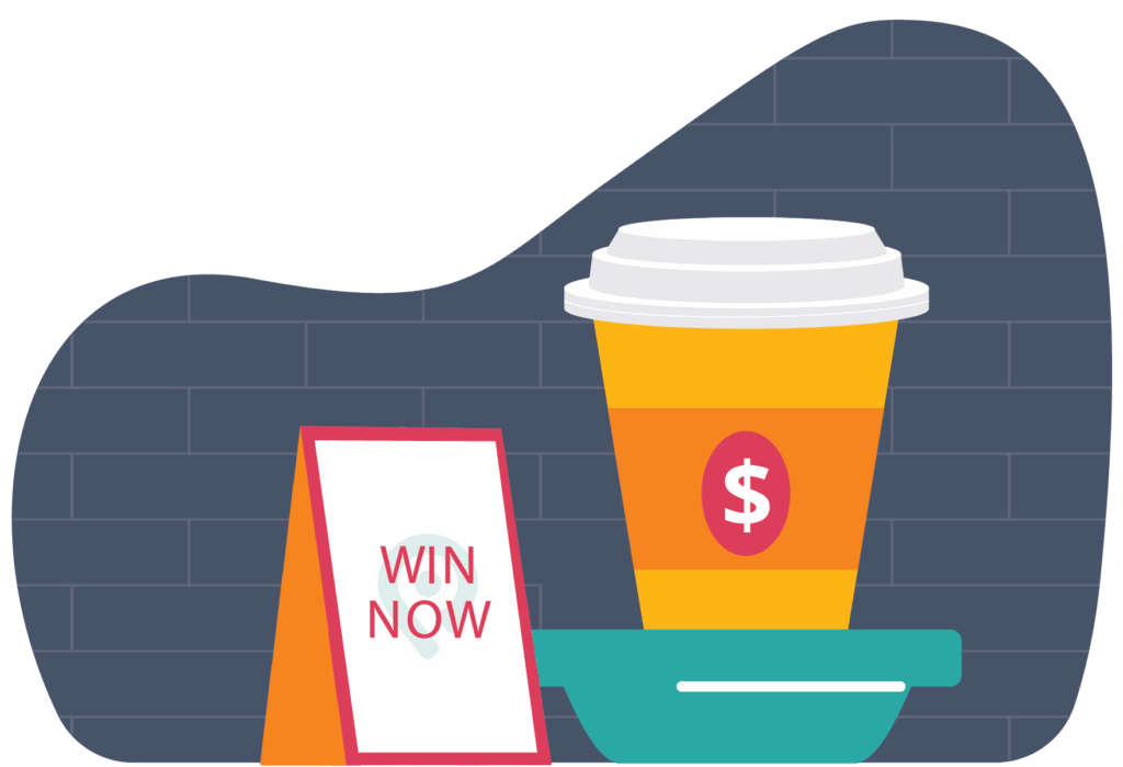 Coffee cup with win now banner