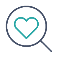 icon heart inside magnifying glass